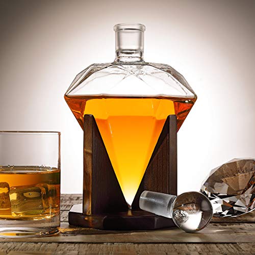 Diamant Whiskey Dekanter mit 1000 ml, bleifreiem Glas Design-Karaffe mit Holzständer - Glass Stopper, dekorative Bar, Männer Geburtstagsgeschenk - Scotch, Bourbon – Bild 2