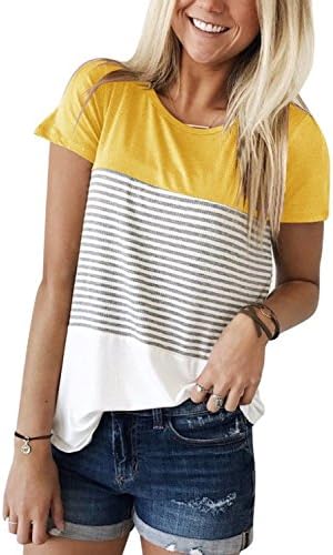 Women's Triple Color Block Stripe T Shirt Short Sleeve Casual Loose Fit Tee