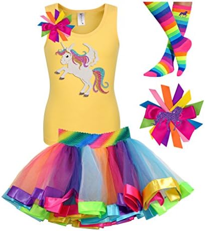 Bubblegum Divas Little Girls Unicorn Shirt Rainbow Tutu Birthday Gift Set 4pcs 5-6