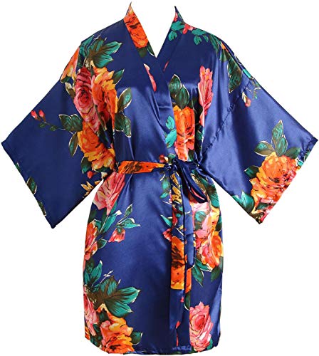 Peony Floral Silk Kimono Robe Bridal Bridesmaid Robes Dressing Gown for Women Navy Blue - Thumbnail 3