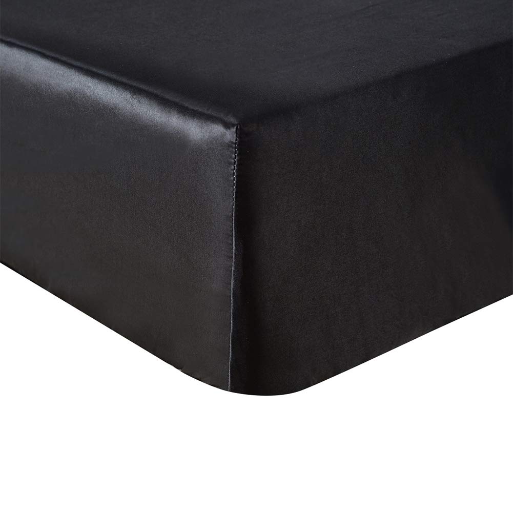 Hotniu 1 piece Satin Silk Fitted Sheet, Plain Dyed Bedding, Silk Bed Sheet Anti Slip Satin Wrinkle & Fade (King, Black)
