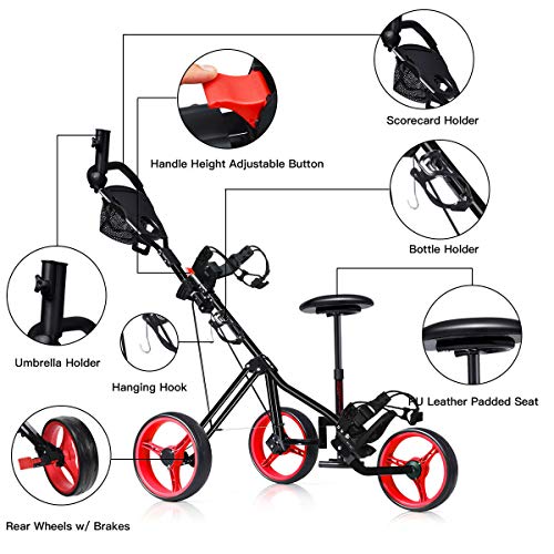 Red 3-Wheel Foldable Push Pull Club Trolley Golf Cart Bag Scoreboard w/Seat with Ebook - Thumbnail 4