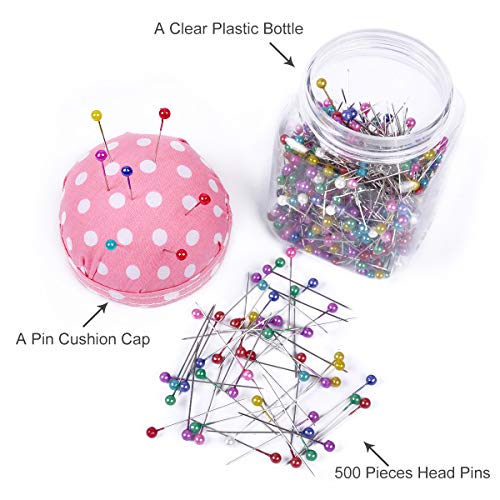 eZAKKA 500pcs Sewing Pins 38mm Multicolor Ball Head Pins Quilting Pins in Plastic Storage Jar Containers with Pin Cushion Lid for Dressmaking Jewelry Components Flower Decoration (Pink)