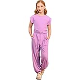 Girls 2 Piece Athletic Outfits Sets Crossover Cropped Tops and Wide Leg Sweatpants Tracksuit with Pockets