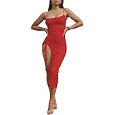 Nimsruc Womens Sexy Summer Dresses Spaghetti Strap Thigh-high Slit Ruched Bodycon Maxi Club Cocktail Party Dress