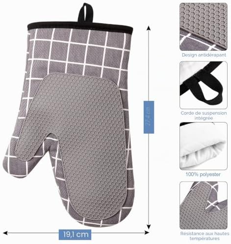 Gants de Four, Gants de Cuisine Silicone Coton Résistant à Chaleur et Antidérapant, Gloves pour la Cuisson des Aliments Faisant Cuire Barbecue - 1 Paire (Grey) — photo 2 sur 6