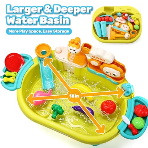 CUTE STONE Water Table, Play Sink with Running Water, Kitchen Pretend Play Set with Play Food & Tableware, Summer Outdoor Sensory Water Toy, Gift for Toddlers, Boys & Girls
