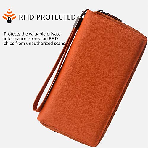 Women RFID Blocking Wallet Leather Zip Around Phone Clutch Large Travel Purse Wristlet (Orange Red) - Thumbnail 2