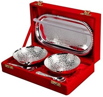 Silver Plated Floral Shaped Brass Bowl and Tray Set