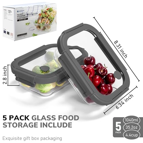 BOROHOUSE 5-Pack Borosilicate Glass Containers with Tempered Lids, 35.2oz/4.4 Cup Airtight Meal Prep Set, Microwave/Freezer Safe (Gray)
