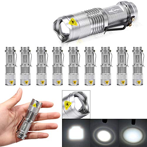 10 Pack Mini Flashlights LED Flashlight 300lm Adjustable Focus Zoomable Light (Silver)