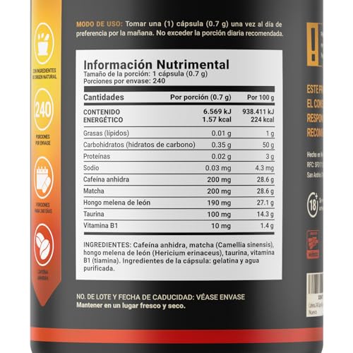 Cafeína Anhidra 240 Cápsulas de 700 mg. Adicionada con Matcha, Melena de León, Taurina y Vitamina B1. Ingredientes Naturales. Caffeine Blend B Life