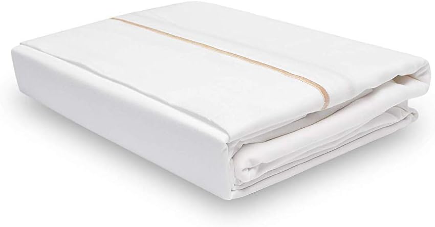 Calico Homes 1000 Thread Count 100% Egyptian Cotton Ultra Soft 1 Piece Flat Sheet (Top Sheet) Twin XL Size White Color with Taupe Embroidery Stitch (Taupe Border)
