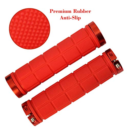 DEERU Bicycle Premium Rubber Handlebar Grip Double Lock on Grip for Mountain Bike BMX Folding Bike Anti-Slip Shockproof (Red)