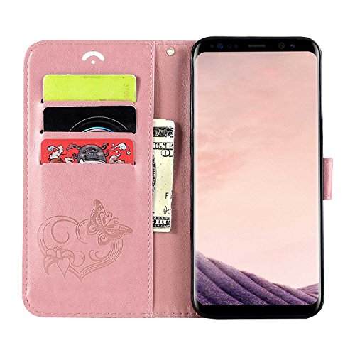 UNEXTATI Galaxy S8 Plus Stand Magnetic Flip Cover Card Holders & Hand Strap Wallet Case with Kickstand for Samsung Galaxy S8 Plus (Rose Gold)