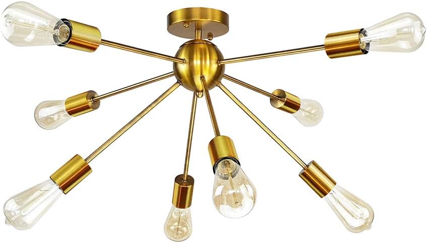LONGWIND Sputnik Chandeliers 8 Lights Brass Semi Flush Mount Ceiling Lights，Modern Brushed Brass Ceiling Light Fixture Gold Retro Industrial Pendant Lighting for Dining Room
