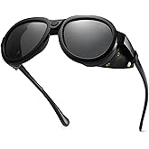 MACJERO Retro Aviator Steampunk Polarized Sunglasses with Leather Side Shield Vintage Goggles Gothic Eyewear for Men Women