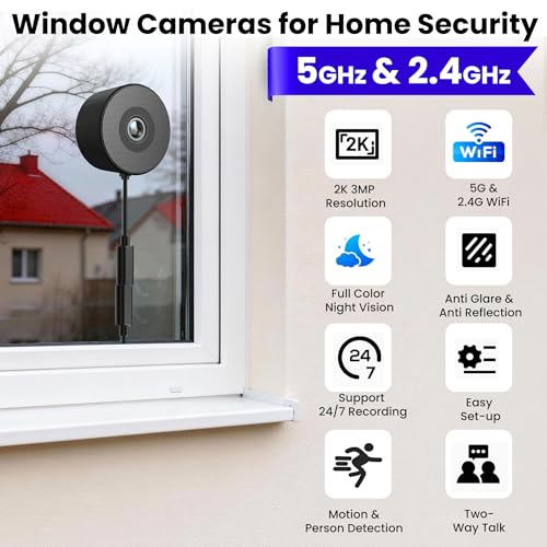 2K 3MP Window Camera, 5GHz & 2.4GHz WiFi Dome Cameras for Home Security for Indoor & Outdoor Monitoring, with Motion/Human Detection, Easy Install, 24/7 Recording, Full Color Starlight Night Vision