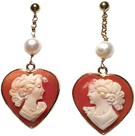 Cameo Earrings Post Back Dangle Italian Master Carved, Sterling Silver 18k Gold Overlay Heart Shape with Pearl Natural Fresh Water Insert