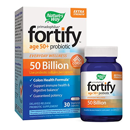 Nature's Way Primadophilus Fortify Age 50+ Extra Strength Probiotic, Colon Health Formula, 50 Billion Active Cultures, Guaranteed Potency, Researched Strains, Delayed Release, Gluten-Free, 30 Capsules