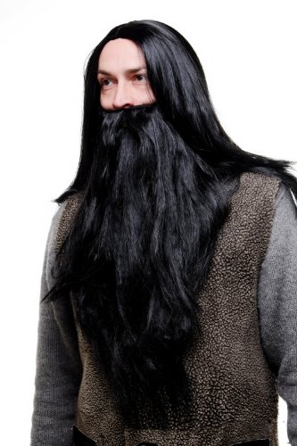 WIG ME UPParty/Fancy Dress/Halloween LONG Beard & WIG set Black Wizard Biker Teuton Hun