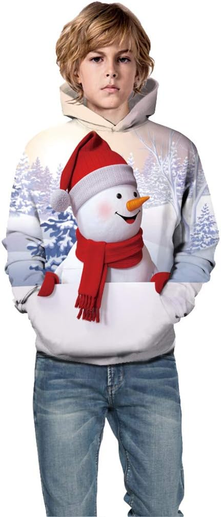 Boys Girls Hoodies Rikay 3D Snowman Printed Christmas Long Sleeve Pullover Sweatshirt with Pocket for Kids 5-13Y