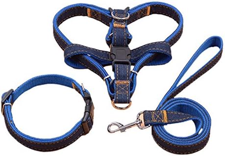 Finalmation Adjustable 3 Piece Denim No-Pull Dog Leash Harness Collar - Large
