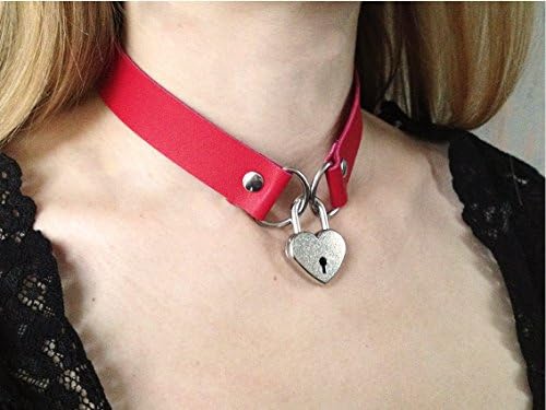 Red Leather Choker with Silver color Heart-shaped Padlock and Set of 2 keys
