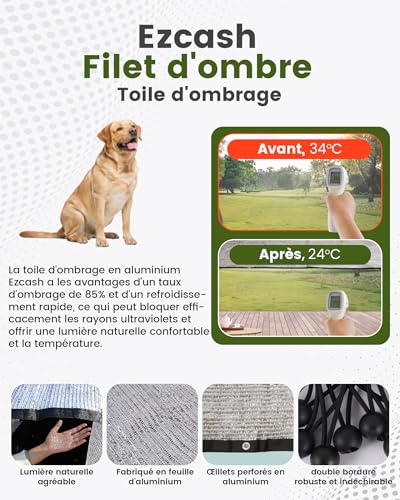Ezcasch Car Shade Netting for Dogs, 3x4 m, 85% Aluminium, Sun Shade Netting for UV Protection Outdoor with Elastic Cord, 5M Nylon Rope, Nails