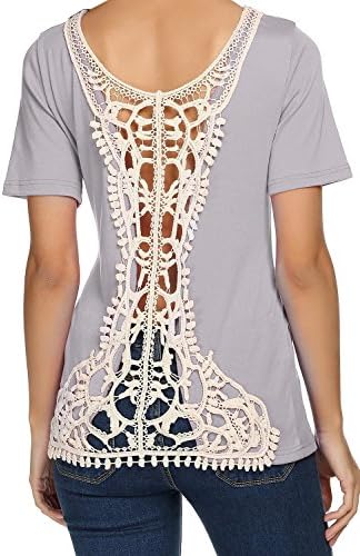 Yisqzjzj Women Sexy Summer Backless Lace Hollow Blouse T Shirt Tops GrayLarge