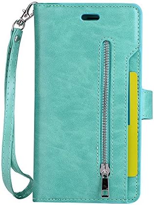 IPhone 8 plus 7 plus zipper wallet case folio leather cover with 9 card holder cash coin pocket 360 protective shell include magnetic snap closure wrist strap for 5.5 inch iPhone 7 plus 8 plus green