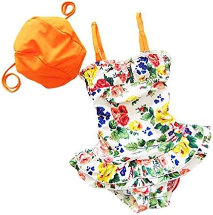 BABAY Little Girl One-Pieces Flowers Tankini Swimsuits Swimwear+ Hat Set M
