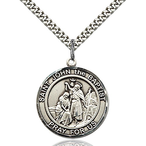Sterling Silver St. John the Baptist Pendant 1 x 5/8 inches with Heavy Curb Chain