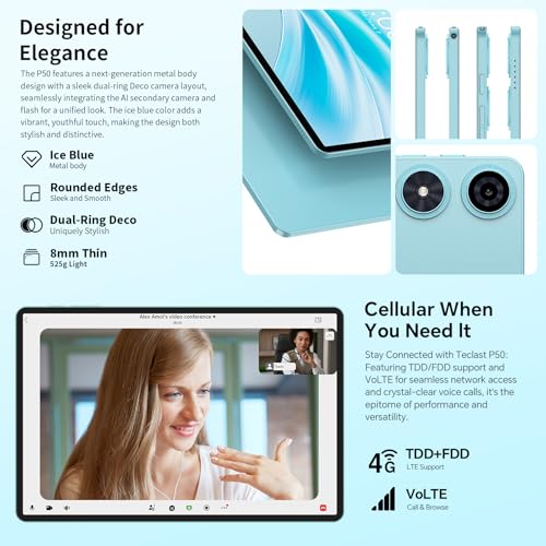 TECLAST P50 Tablet 11 Inch Android 16 Tablet 90Hz, Dual SIM 4G LTE + 5G WiFi, 2GHz Octa-Core T7250, 128GB ROM(TF 5TB), Gemini AI, 7000mAh, Widevine L1/GPS/8MP/3.5MM, Tablet with Pencil+Case, 2026