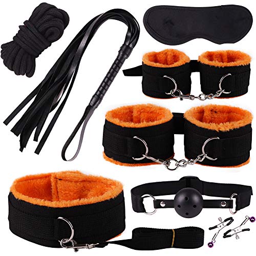 8 Piece Plush Bondage Restraints Set Kit for Bed and Under Bed Sex Play SM Bondage Toy Gear Wrist Cuffs Gags Collar Spanking Nipple Rope Strap On Harness for Women Couples Lesbian Female,A3