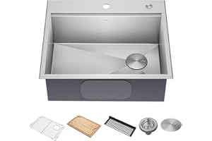 KRAUS Kore 25-Inch Drop In/Top Mount Workstation 16 Gauge Single Bowl Stainless Steel Kitchen Sink with Accessories, KWT311-25