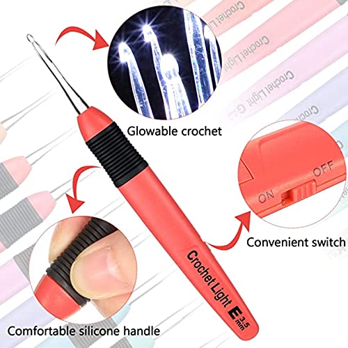 9 Pcs Light Up Crochet Hook Set with 3 Extra Batteries and Seam Ripper