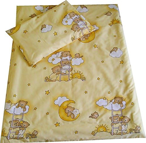 Cot Bed Duvet Cover + Pillowcase 2 Pieces Bedding Set 90 x 120 cm, Many Designs Available (Yellow Teddies on Ladders)