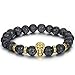 Flongo Men's Tribal 8mm Alloy Gold Skull Head Black Lava Rock Buddha Mala Beads Bracelet Link Wrist, Diffuser Oil Absorb Bracelet