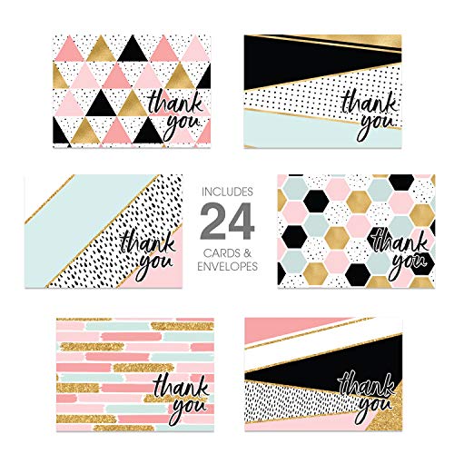 Geometric Modern Faux Foil Thank You Note Cards / 24 Matte Appreciation Patterned Greeting Cards / 6 Geo Thanks Note Card Designs / 3 1/2