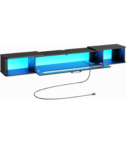 IBUYKE Floating TV Stand Wall Mount - Modern Wood Media Console With Power Outlets, Cable Management, Black, Fits 43-60 Inch TVs - View #5