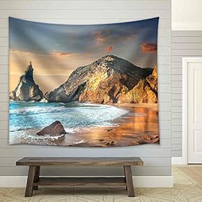 Ocean Landscape at Sundown, Big Rocks and Stones Beach. Portugal, Europe - Fabric Wall Tapestry Home Decor - 51x60 inches