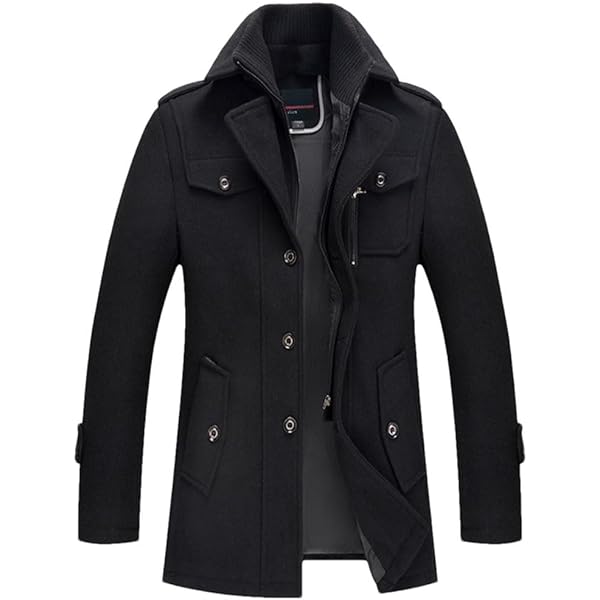Men'S Zipper Single Breasted Pea Coat Jacket Long Stand Collar