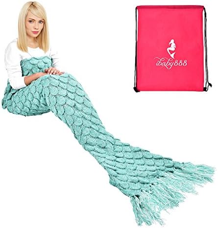 yashidali Wearable Mermaid Tail Blanket, Fish-Scales Pattern with Tassel, All Seasons Warm Knitted Bed Blanket Sofa Quilt Living Room Sleeping Bag for Adults, 70.9" x 35.5" (180 x 90cm), Green