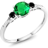 Gem Stone King 10K White Gold Green Nano Emerald Black Diamond and White Diamond Accent 3-Stone Engagement Ring For Women (0.95 Cttw, Round 6MM, Gemstone May Birthstone)