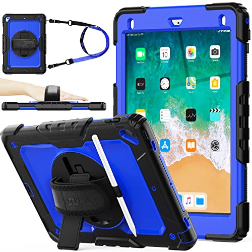 SEYMAC stock iPad 6th/5th Generation Case 9.7’’ with Screen Protector Pencil Holder [360 Rotating Hand Strap] &Stand, Drop-Proof Case for iPad 6th/5th/ Air 2/ Pro 9.7 (Blue+Black)