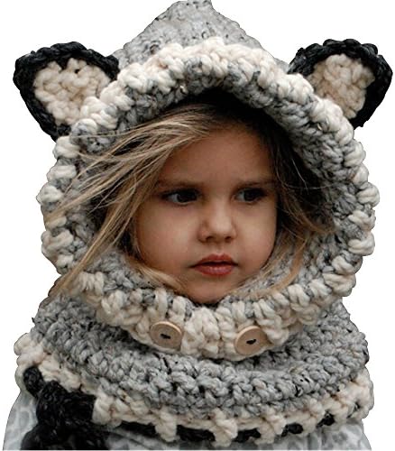 HEEMAA-Winter Kids Warm Fox Animal Hats Knitted Coif Hood Scarf Beanies for Autumn Winter (gray)