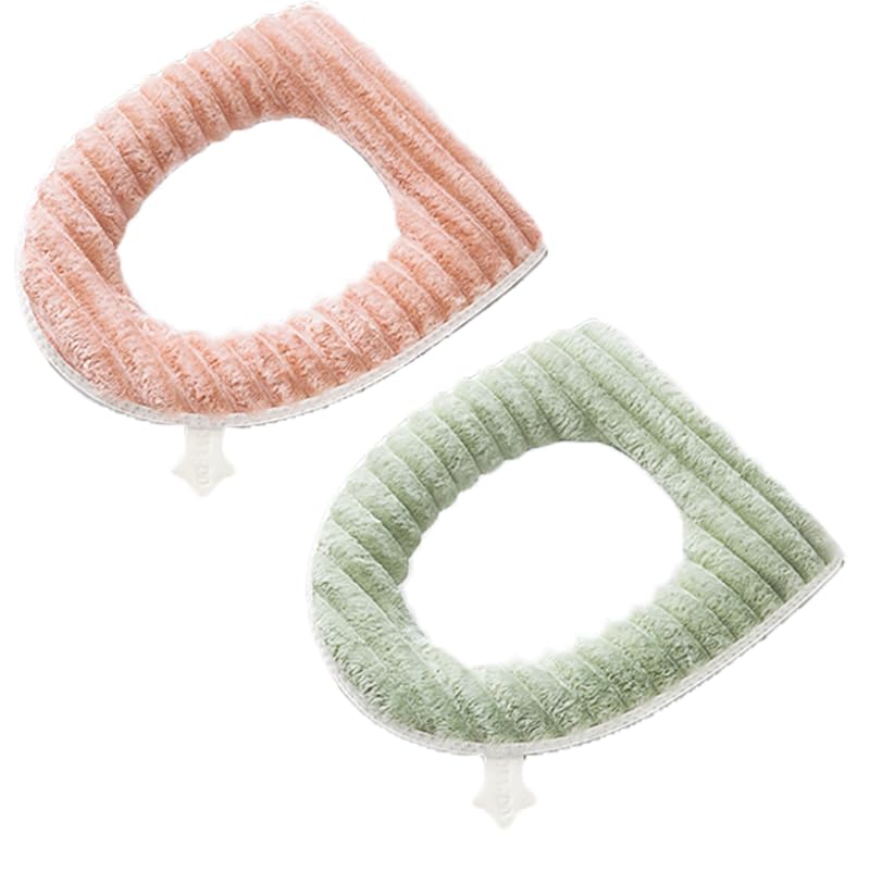 2 Pack Thicker Soft Toilet Seat Cover Pads, Toilet Seat Cushion Covers for Bathroom Washable and Warmer Toilet Lid Seat Cover with Zipper and Handle Fits Most Size Toilet Lids (Pink+Green)