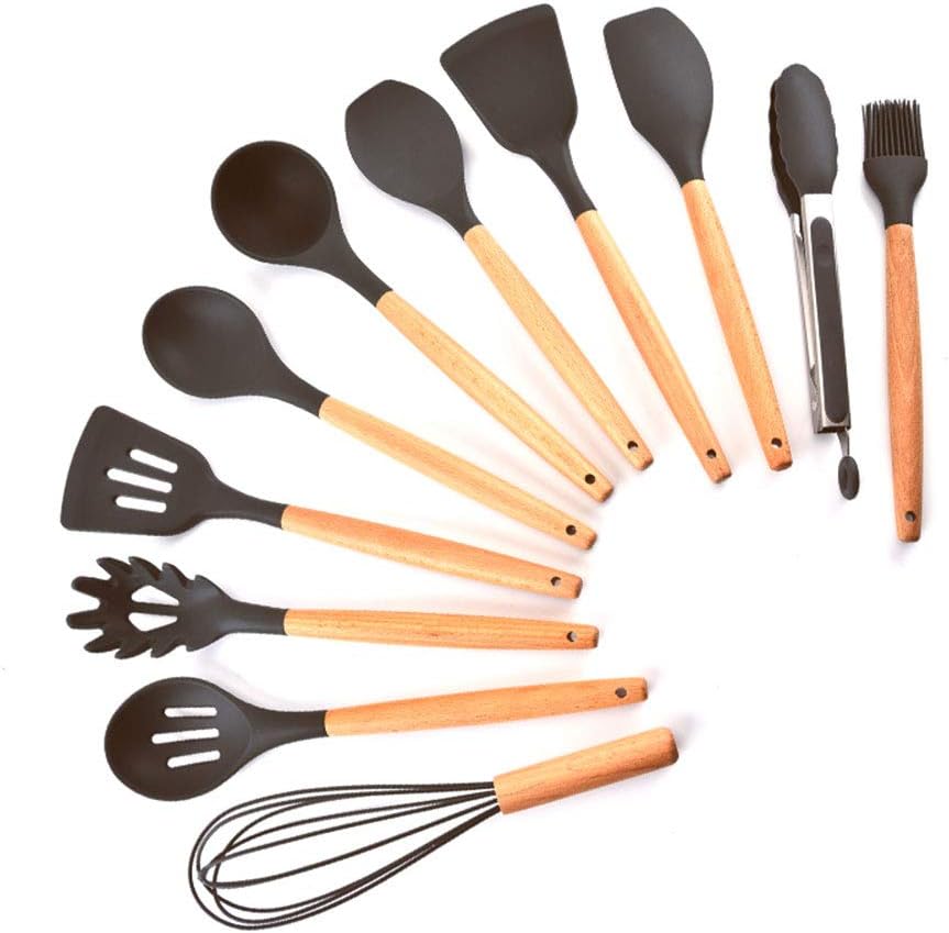 Silicone Cooking Utensil Set,esonmus 11pcs Kitchen Utensil Set with Wooden Handle,BPA Free,Non-stick,Heat Resistant Cookware Set,Gray