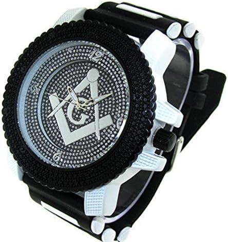 Letter Fashion Men'S Ice Nation Black/White Crystal Punk Masonic Watch With Bullet Band